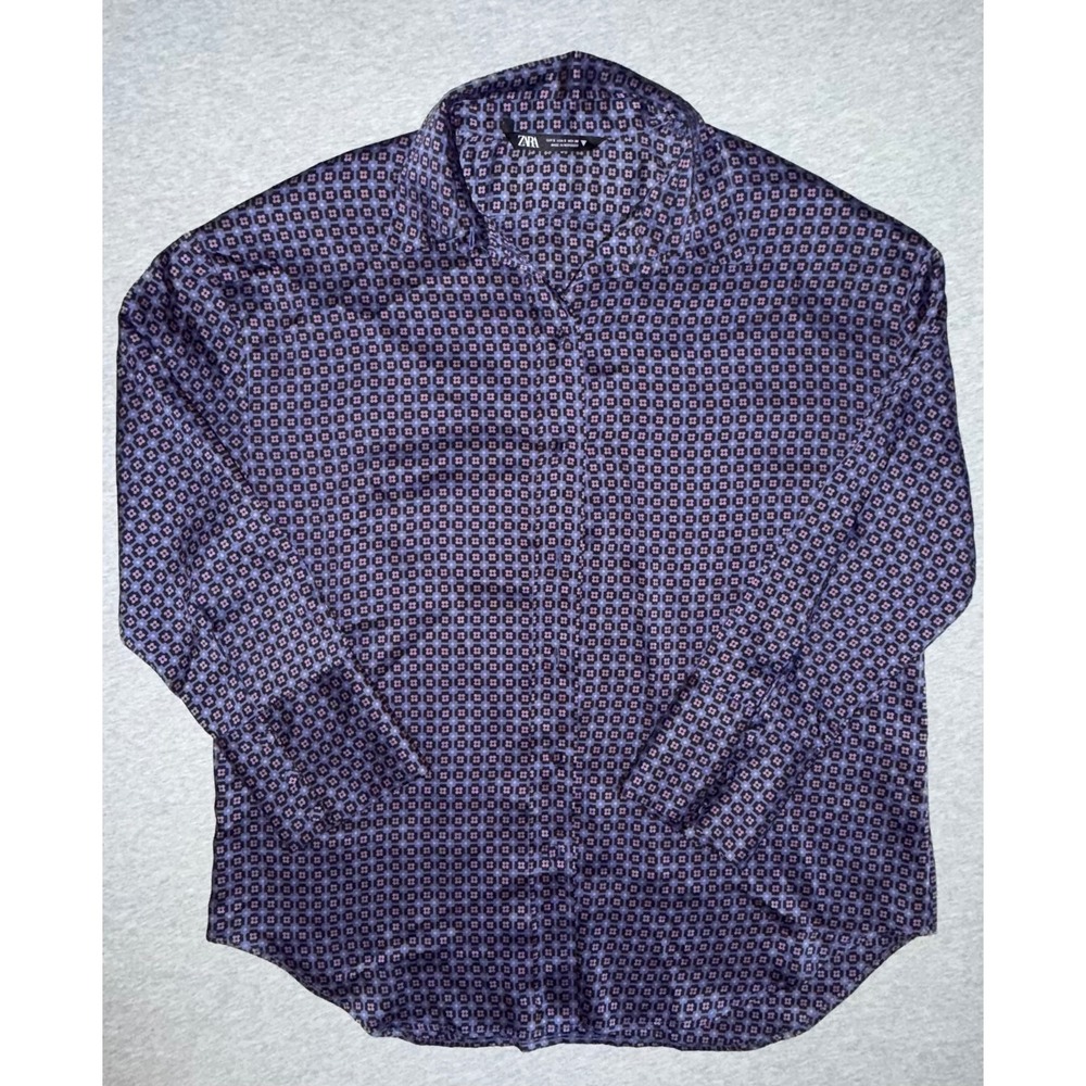 Zara Womens Small Purple Geometric Satin Button Down Shirt Disco Studio 54 Dance